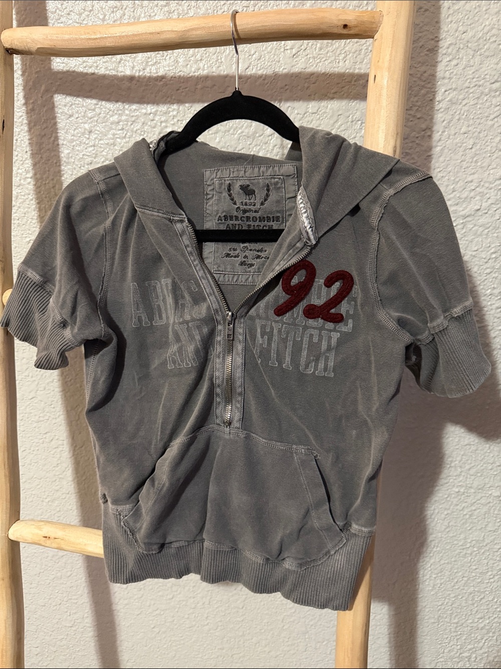 Abercrombie & Fitch Gray Short-Sleeve Half-Zip Hoodie with Red '92 Patch